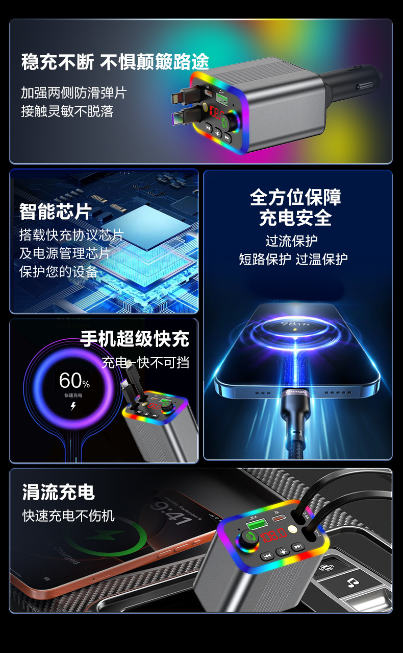 R4R6 Car Bluetooth MP3 Player comes with a retractable cable and supports fast charging for mobile phones, 2026 new model, foreign trade supply