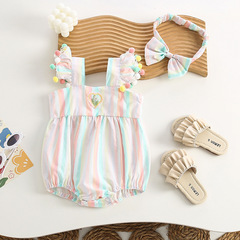 新生嬰兒連體衣女寶寶包屁衣短袖哈衣爬服夏季彩虹條時尚外出服潮