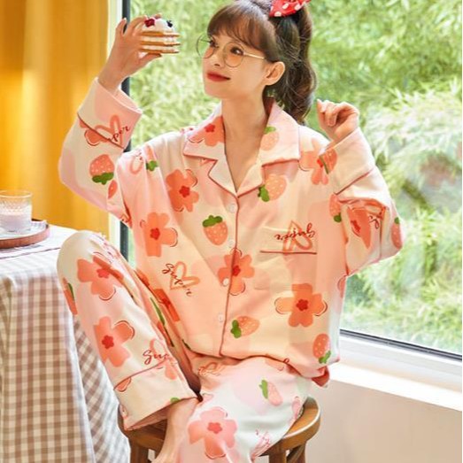 여성용 잠옷 2025 봄 가을 신상 인터넷 연예인 인기 대형 긴팔 귀여운 여성용 얇은 홈웨어 세트