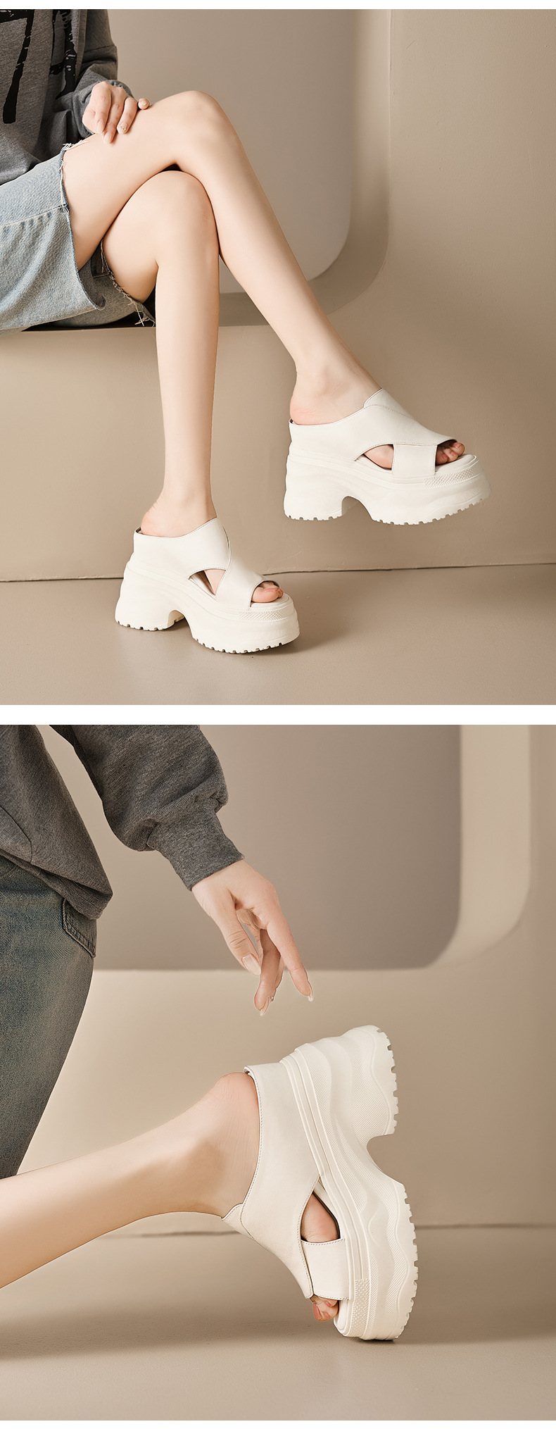 Dép sandal nữ quai ngang đế dày da thật tăng chiều cao — màu đen, màu trắng ngà, bạc chi tiết 6