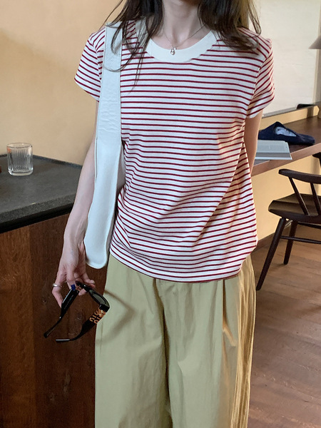 Weisong Women's Color-Block Striped Short-Sleeve T-Shirt, 2026 Summer New Korean Style Loose Versatile Casual Top