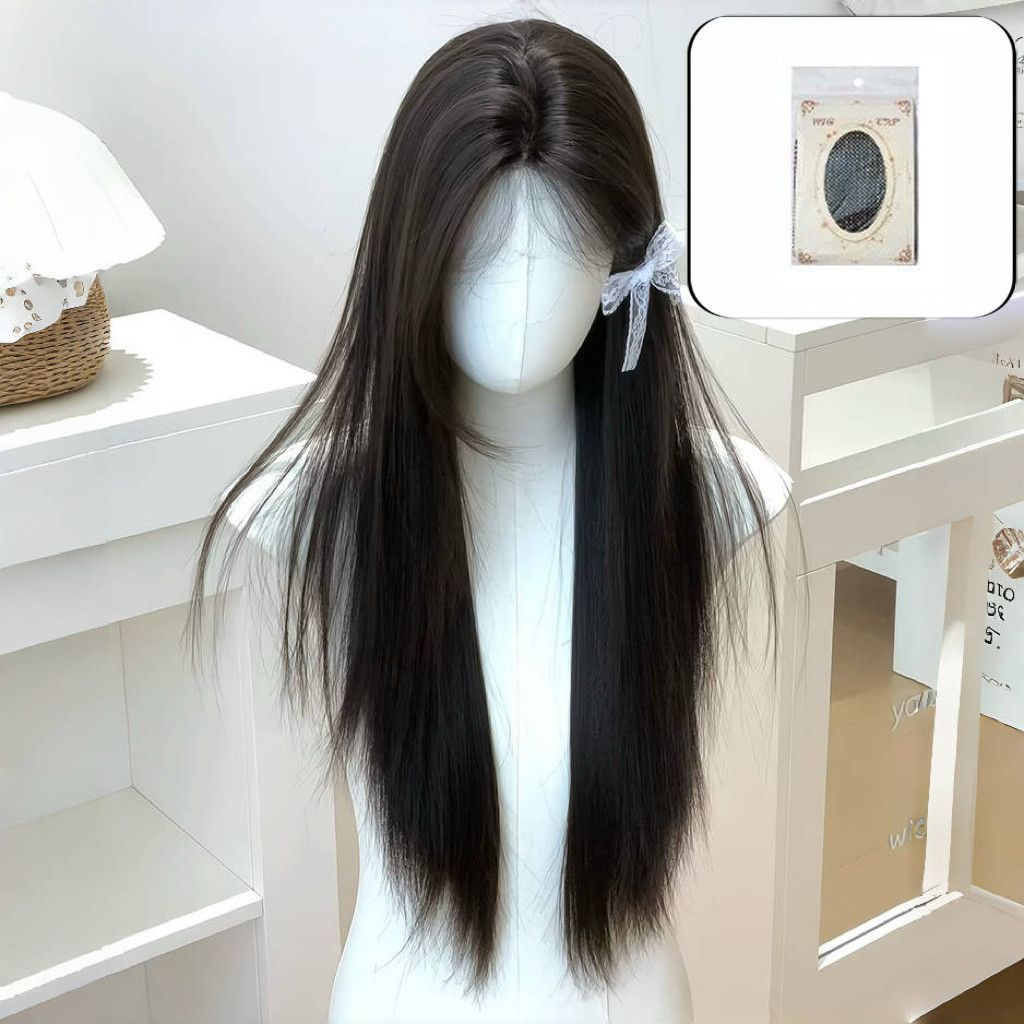 Perucas negras mujeres de encaje pequeño de ocho caracteres peñas largas recto diario negro largo recto cos gancho de mano cubierta de cabeza
