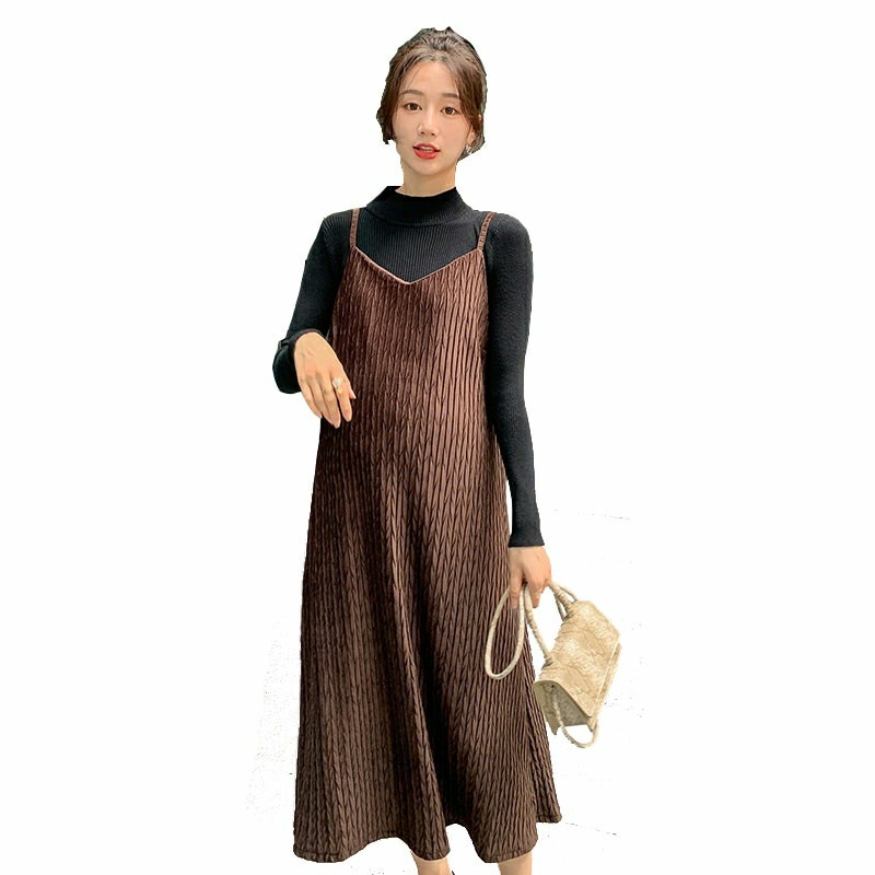 임산부의 봄 원피스 인터넷 기념 세트 원피스 패션 유행 엄마의 반 터틀넥 베이스 스웨터 슬링 봄과 가을 투피스 세트