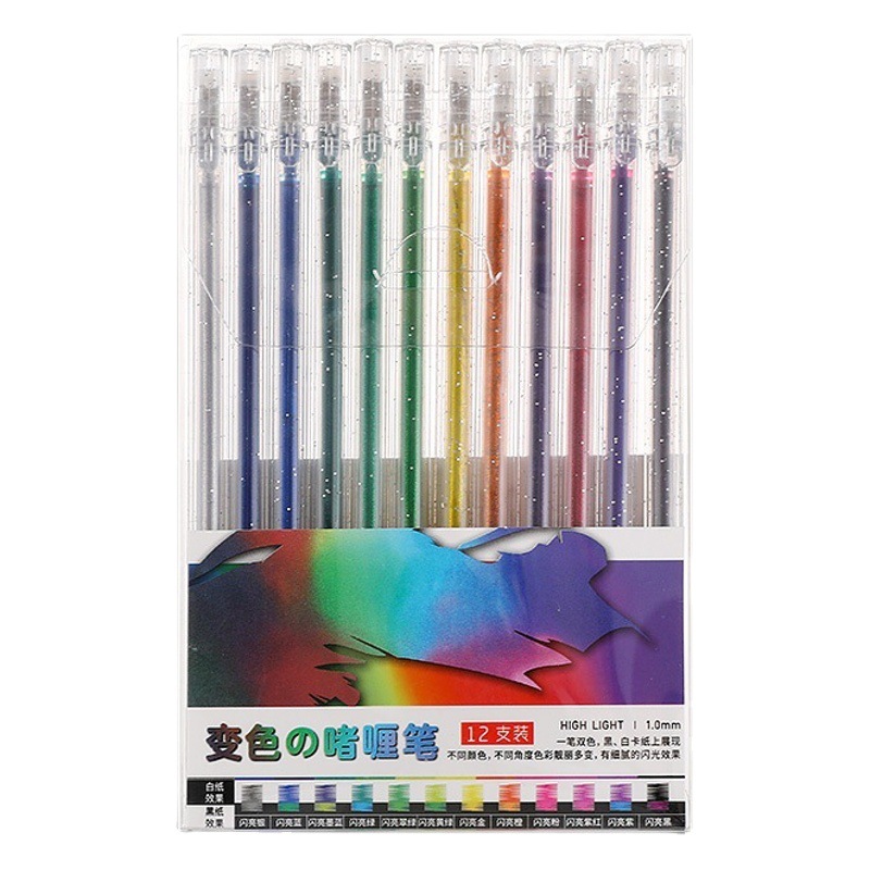 Pluma de gel fluorescente brillante cambiante de color lindo fresco Conjunto de pluma de diario de color de pluma de gel de flash metálico