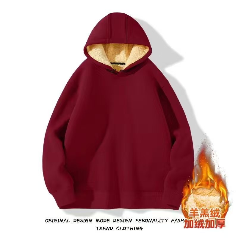 Suéter con capucha forrado de lana de los hombres engrosada caliente suelta estudiante con capucha suéter de los hombres marca de moda ins abrigo de lana de cordero