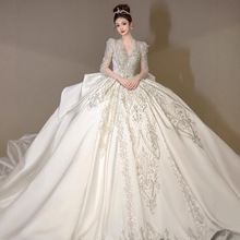 气质孕妇重工小个子质感大码高级新娘主婚纱新款结婚缎面长袖