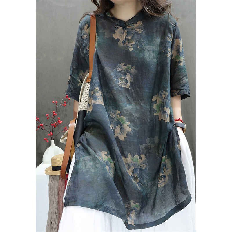 Brand Leakage Foreign Trade Export Big Brand Women's Summer Retro Printed Vertical Collar Buckle Loose Foreign Style dress Women