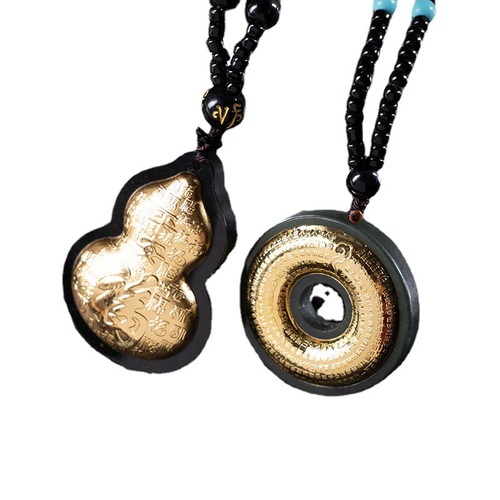 Gold-inlaid Jade Gourd Hetian Ink Jade Heart Sutra Ping'an Pendant, Hetian Jade Necklace and Jade Pendant Live Streaming Set Wholesale