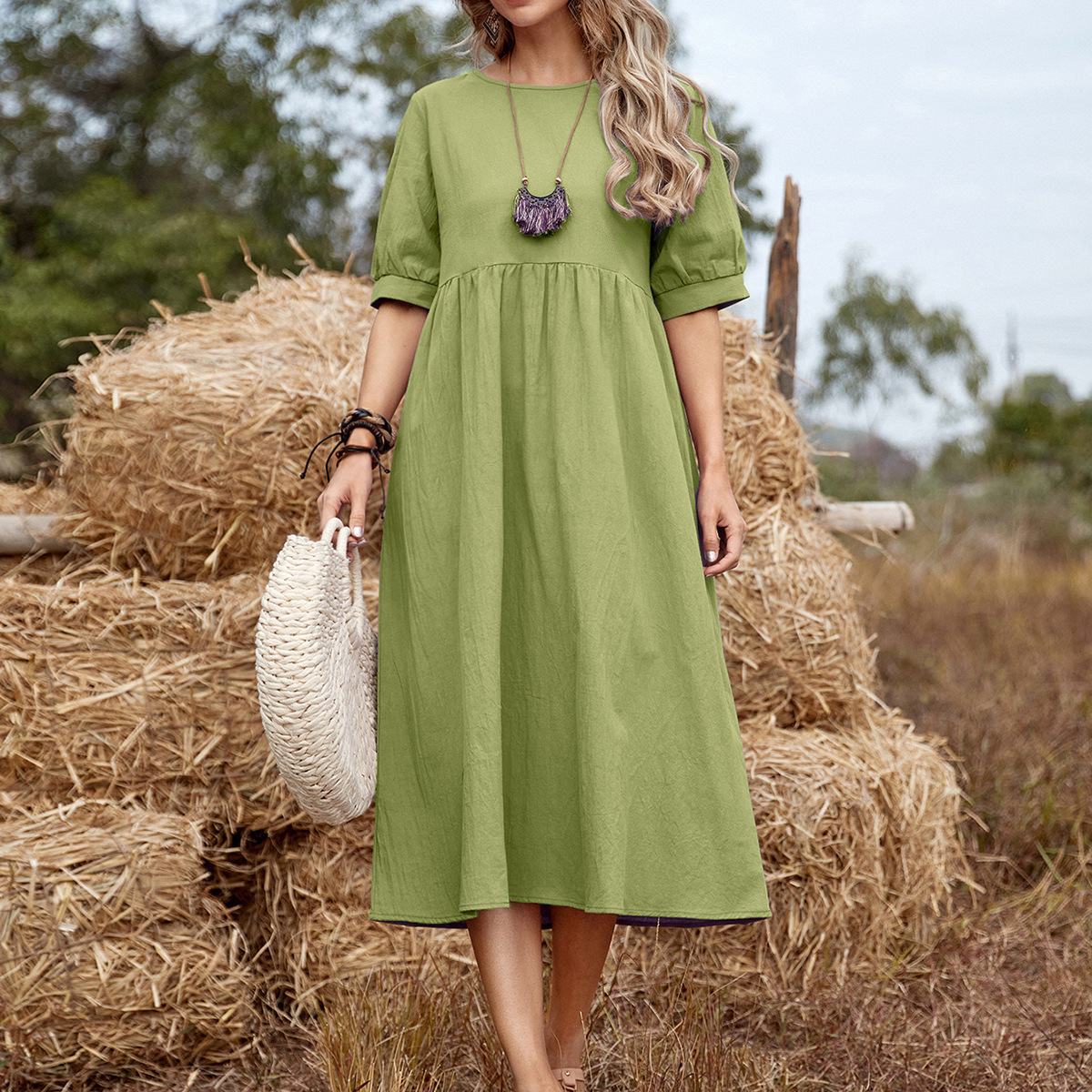 Women's A-line Skirt Basic Classic Style Round Neck Pleated Half Sleeve Solid Color Midi Dress Holiday display picture 2