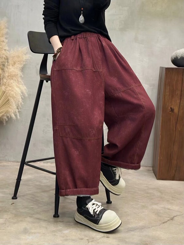 2025秋新款 松紧腰复古印花宽松做旧大码拼接显瘦牛仔直筒裤女|undefined