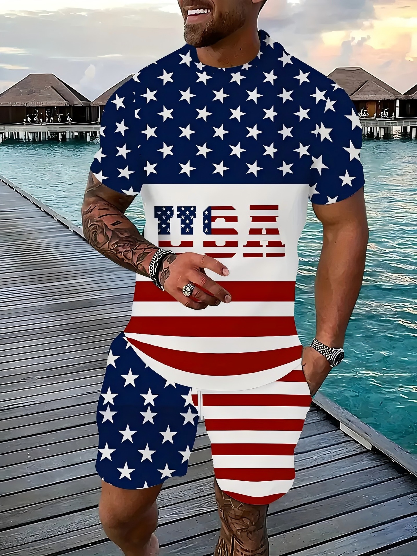 Comercio exterior europeo y americano Amazon 2025 nueva moda patrón de estrella de cinco puntas camiseta de manga corta pantalones cortos traje ME2 MA1