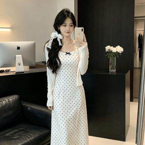 French-Style Polka Dot New Slim-Fit Suspender Dress for Women, Summer Elegant Bowknot Set with Cardigan French-Style Polka Dot New Slim-Fit Suspender Dress for Women, Summer Elegant Bowknot Set with Cardigan