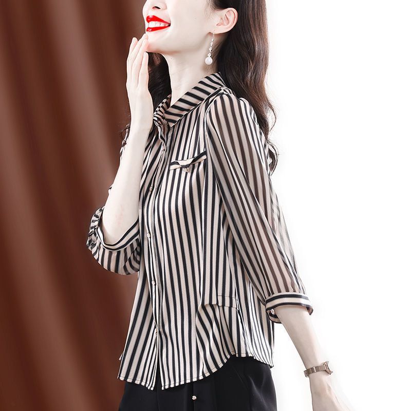 条纹衬衫女2025春装新款欧美时尚气质百搭九分袖上衣洋气显瘦衬衣|undefined