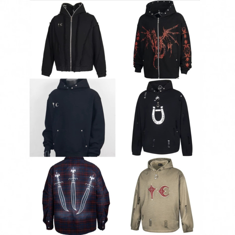 Thug Club Vibe American Retro Hooded Sweatshirt with Distressed Print and Loose Zipper Jacket