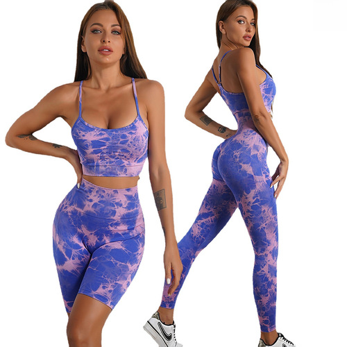 New Seamless Knit Tie-Dye Yoga Leggings Fitness Set High-Waisted Elastic Pants for Women Cross-Border Amazon