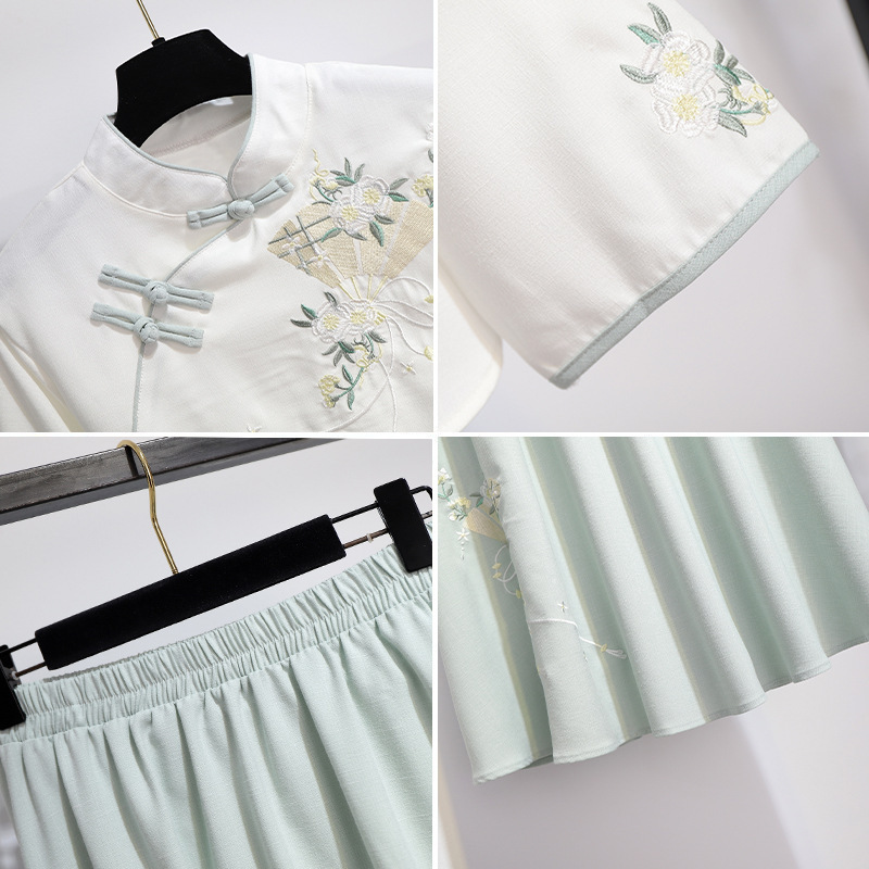 民族风女装旗袍上衣唐装两件套秋夏新款棉麻绣花汉元素汉服茶服|undefined
