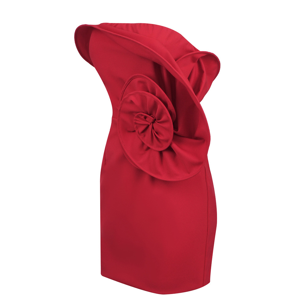 Summer Red Tube Top Floral Three Dimensional Hip Bag Dress Spicy Women Clothing