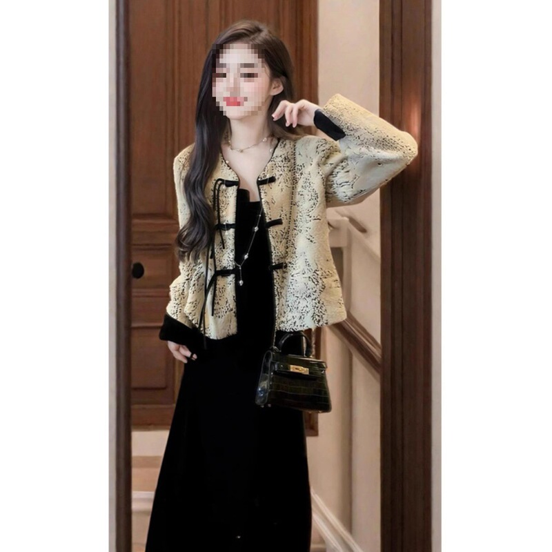 New Chinese-Style Elegant Short Coat for Women, Autumn and Winter New Fashion Velvet Slip Dress, Cool Two-Piece Set