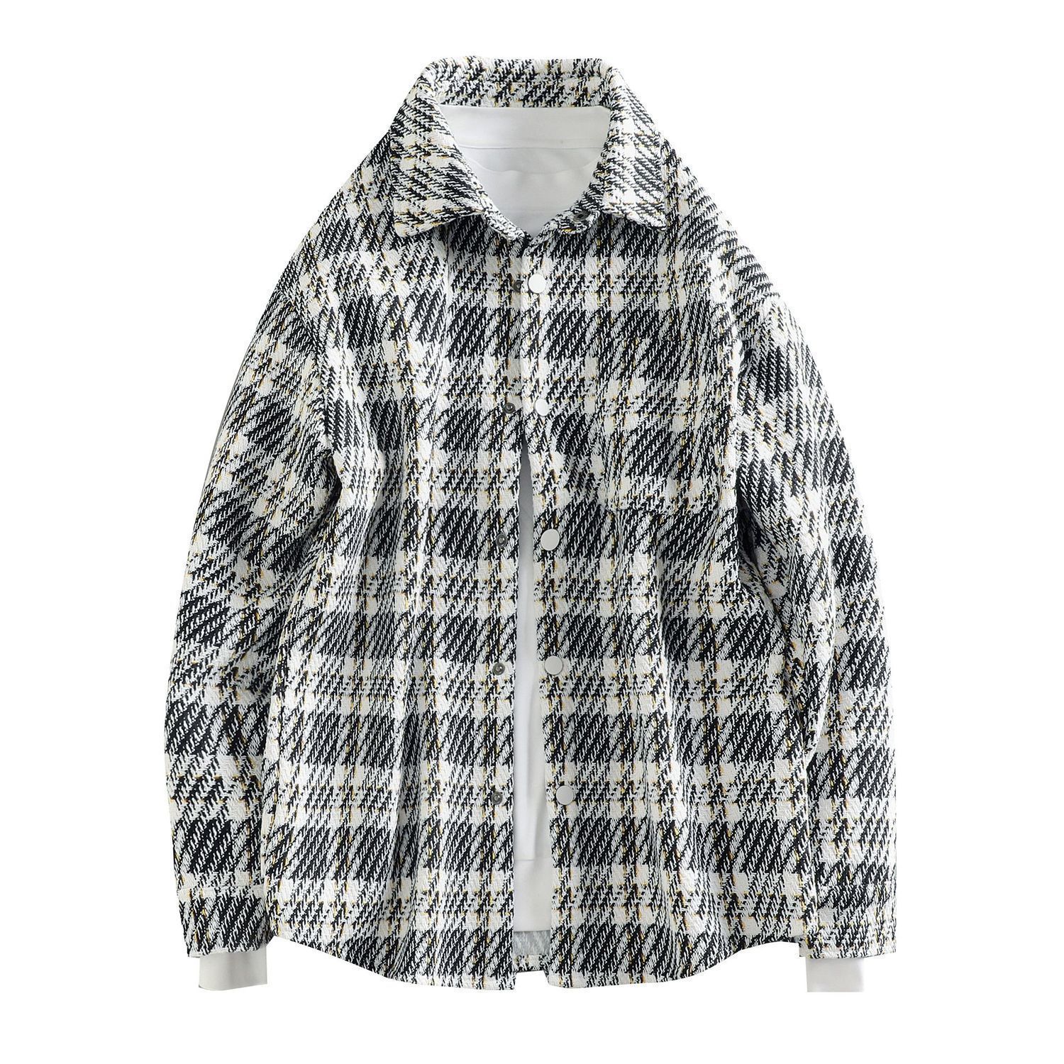 Abrigo de lana de estilo Chanel para hombre Otoño e Invierno camisa de marca de moda a cuadros de alta calidad solapa volante guapo chaqueta suelta moda