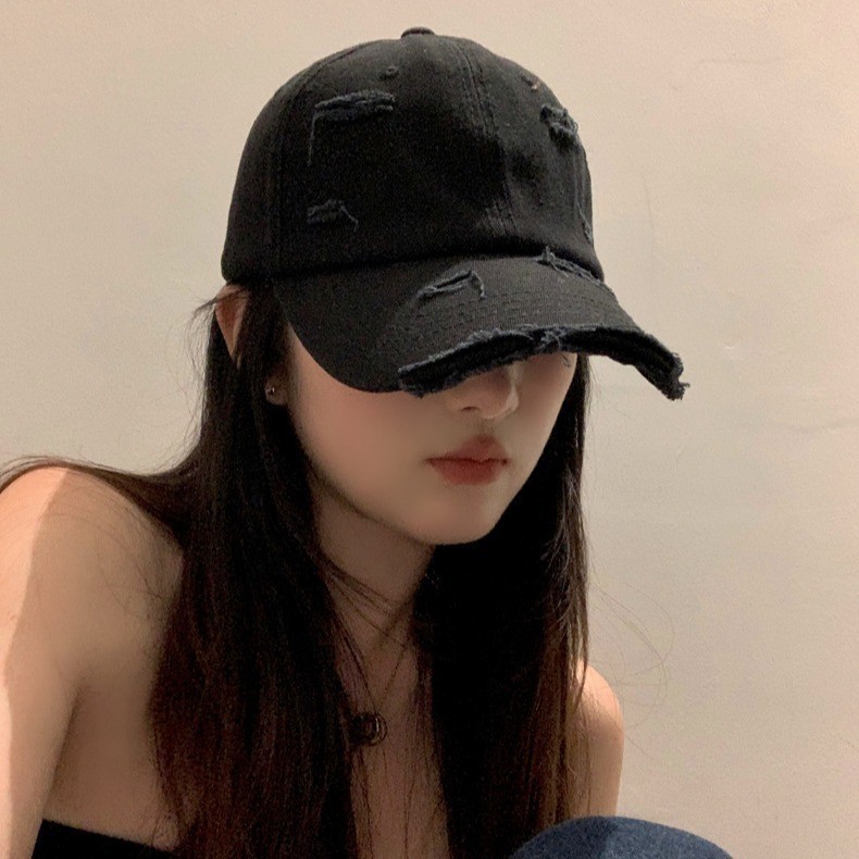 棒球帽女新款春夏季嘻哈百搭软顶弯檐复古个性做旧破洞鸭舌帽男