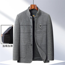 加棉加厚中年男士外套新款雪尼尔中山装扣子版西装可机洗现货纯色