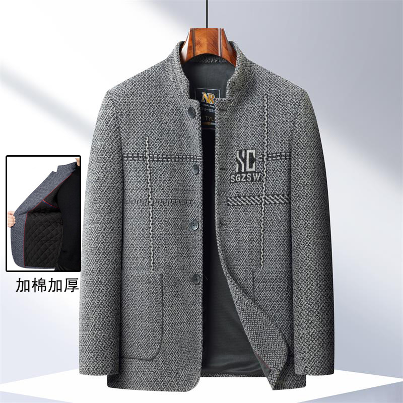 加棉加厚中年男士外套新款雪尼尔中山装扣子版西装可机洗现货纯色