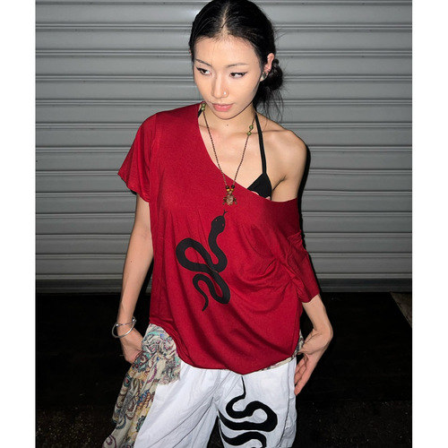 Snake Hip-hop street dance Hip-hop retro off-shoulder short-sleeve women's American slimming top loose printed jazz pure desire