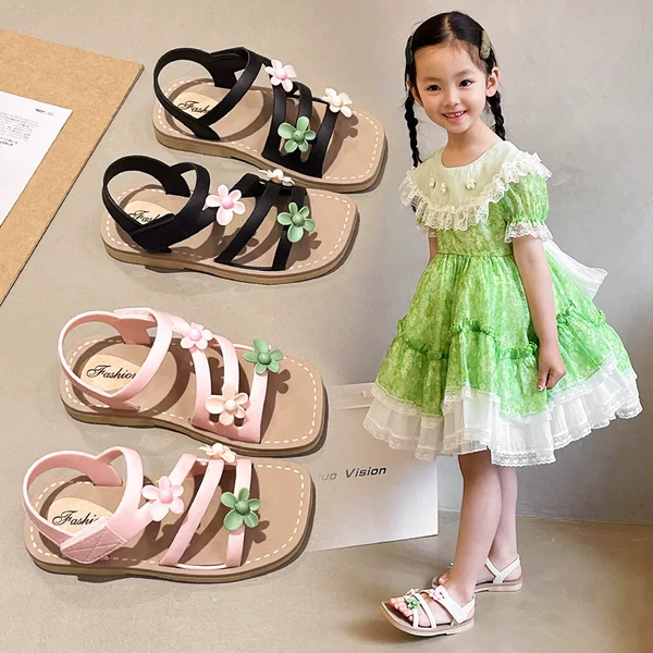 Girls' Summer Sandals, Non-Slip, Floral, for Small, Medium, and Large Children, Soft-Soled, Versatile, New Style, Open-Toe Roman Sandals for Babies