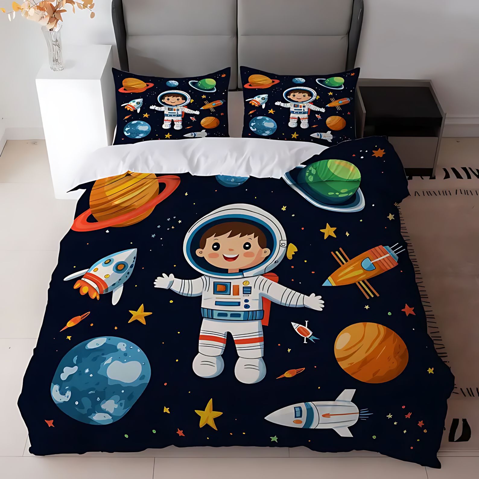 TEMU / JIT transfronterizo dibujos animados tema espacial impresión digital HD suave edredón transpirable kit de funda de almohada
