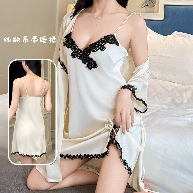 Summer Sexy Pajamas for Women, Spring and Autumn Ice Silk Suspender Nightgown, Silk Nightgown with Breast Pad, Two-Piece Sexy Suit Summer Sexy Pajamas for Women, Spring and Autumn Ice Silk Suspender Nightgown, Silk Nightgown with Breast Pad, Two-Piece Sexy Suit