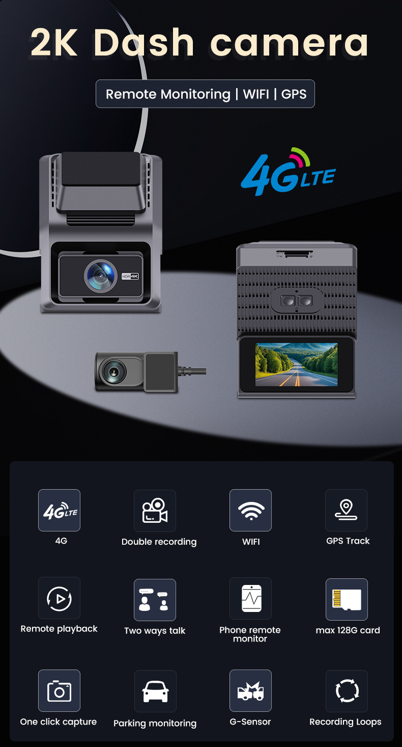 4G Car Dash Cam Front and Rear 2K+1K IR Night Vision