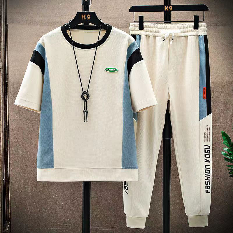 Casual Sports Suit for Boys, Summer Youth Trendy Brand Fashionable Short-sleeved Clothes Set with Handsome Men's Clothing