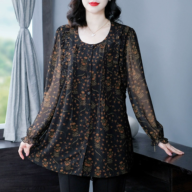Весенняя элегантная дышащая основа для похудения против морщин Tencel с цветочным принтом и длинными рукавами Свободная маленькая рубашка-качели, женская одежда среднего и пожилого возраста