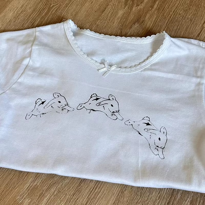 t-shirt美式2025女装夏兔子图案紧身辣妹显瘦露脐圆领短袖T恤|undefined