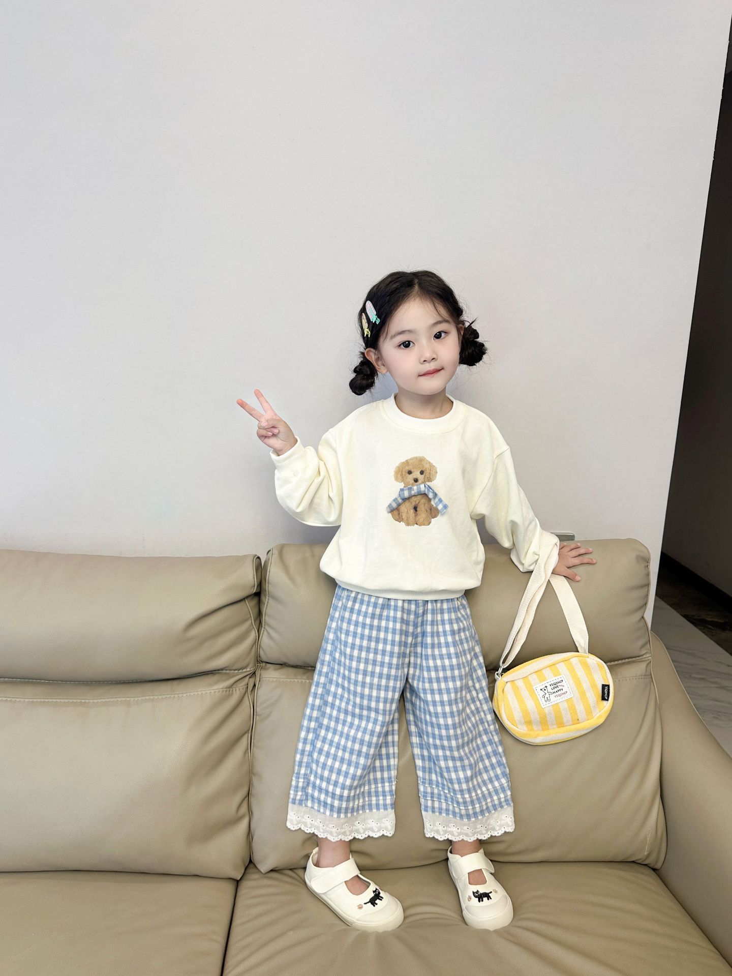 (2개) 2024 새로운 가을 어린이 캐주얼 베어 최고 격자 무늬 바지 세트