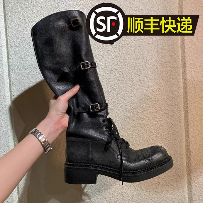 Sheepskin ~ Amiu's Round-Toe Thick-Heeled Retro Niche Boots for Women with Belt Buckle Lace-Up Fashionable Mid-Calf Knight Boots Sheepskin ~ Amiu's Round-Toe Thick-Heeled Retro Niche Boots for Women with Belt Buckle Lace-Up Fashionable Mid-Calf Knight Boots
