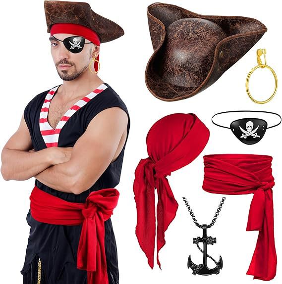 Women Men Pirate Costume Accessories Set Pirate Hat Bandana Scarf Belt Eye Mask Cosplay Party Lp072