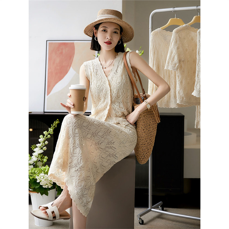 Summer-themed vacation-style openwork fashion set with crochet knit V-neck mint mambo high-waisted skirt.