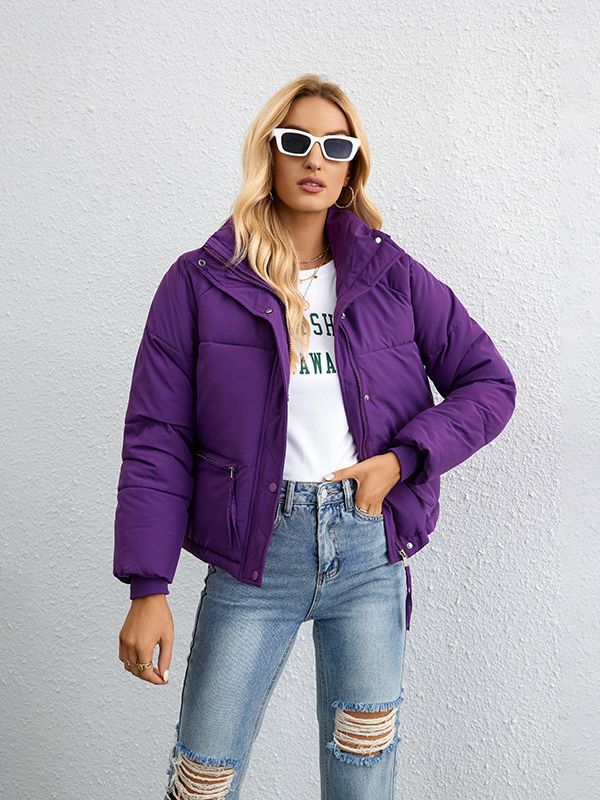 Veste à col montant court en coton pour femme, version coréenne, simple et ample, avec fermeture éclair, pour l'extérieur, 2023_voghion.com