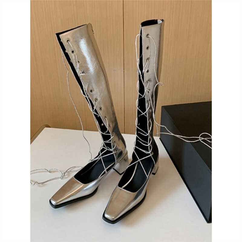 Niche Design Hollow-Out Long Boots for Women, 2026 Summer Thin Boots with Laces, Chunky Heel High-Top Martin Boots