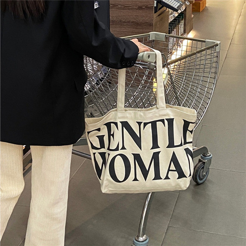 春夏新款ins小众设计泰国帆布托特包时尚简约字母大容量单肩