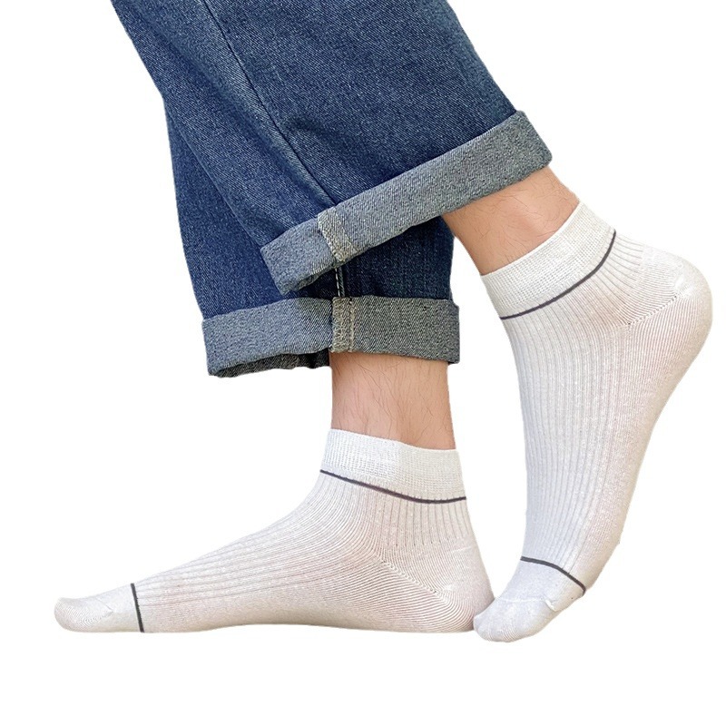 Calcetines finos de algodón puro absorbentes del sudor y sin olor para hombre, calcetines deportivos transpirables de longitud media, calcetines casuales a rayas de color sólido para verano y otoño