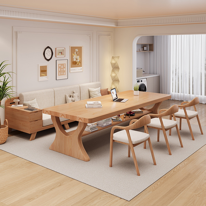 严选原木个性双层实木书餐实木双人学习桌子学生写字台餐书桌一体