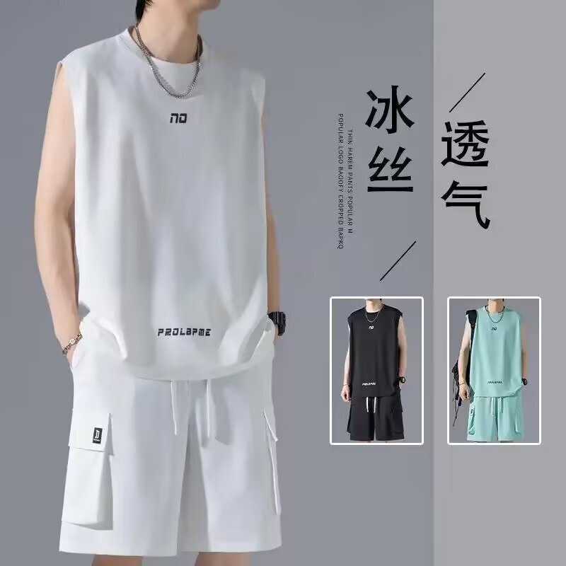 Ice silk men's high-end wear suit summer youth basketball uniform plus size sleeveless T-shirt shorts a set
