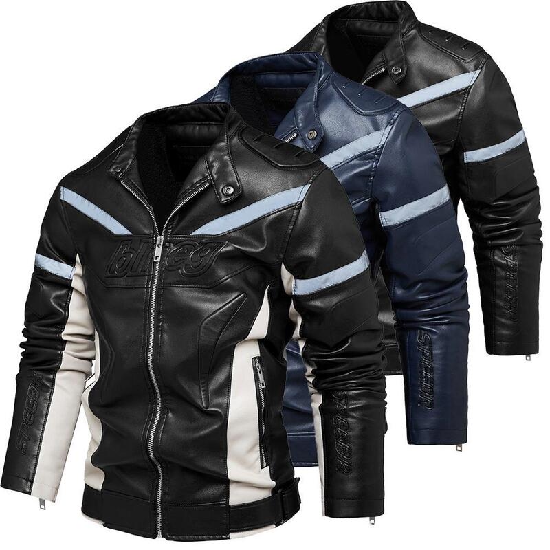 Cross-border men's jacket 2022 new coat European and American motorcycle pu clothing reflective strip fashion fleece-lined youth leather men