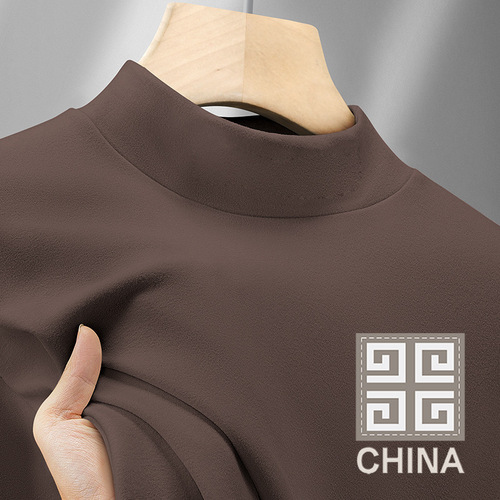 Men's Semi-High Collar Base Shirt with Fleece and Thick Warm Innerwear, Mid Collar Long-Sleeve T-Shirt for Autumn and Winter