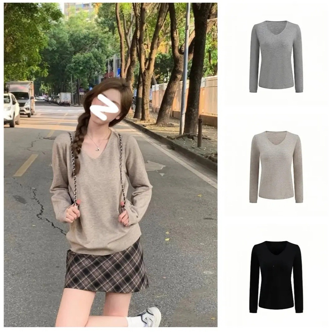 Autumn and winter Korean-style V-neck long-sleeved knit sweater for women, loose fit, slimming effect, solid color, versatile basic top for layering or wearing on its own