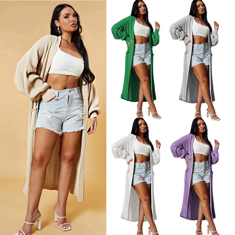 Foreign Trade Autumn and Winter New Loose Solid Color Sweater Women's Coat Cross-Border European and American Long Pocket Plus Size Knitted Cardigan Women