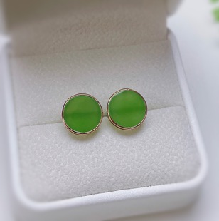 Fubei Diamond Jewelry [18K Gold Inlaid with Natural Hetian Jasper Apple Green Round Earrings] Bare Stone Size 10mm