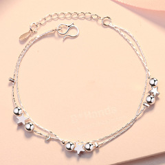 Multi-layer Double Silver Anklet Chain, Korean and Japanese Fashion Double Bead with Star Design, Summer Girls' Silver Accessory Bracelet, Factory Wholesale